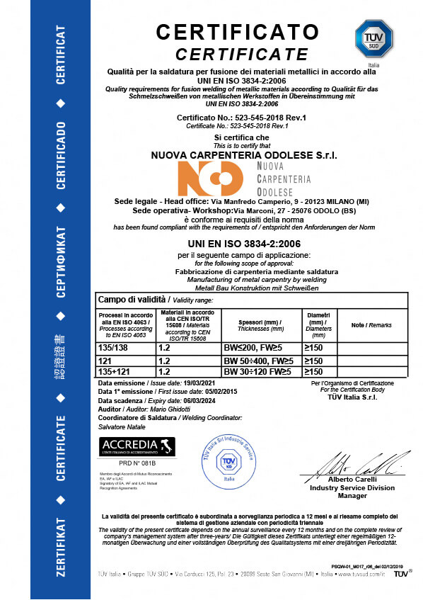 certificado UNI EN ISO 3834-2:2006