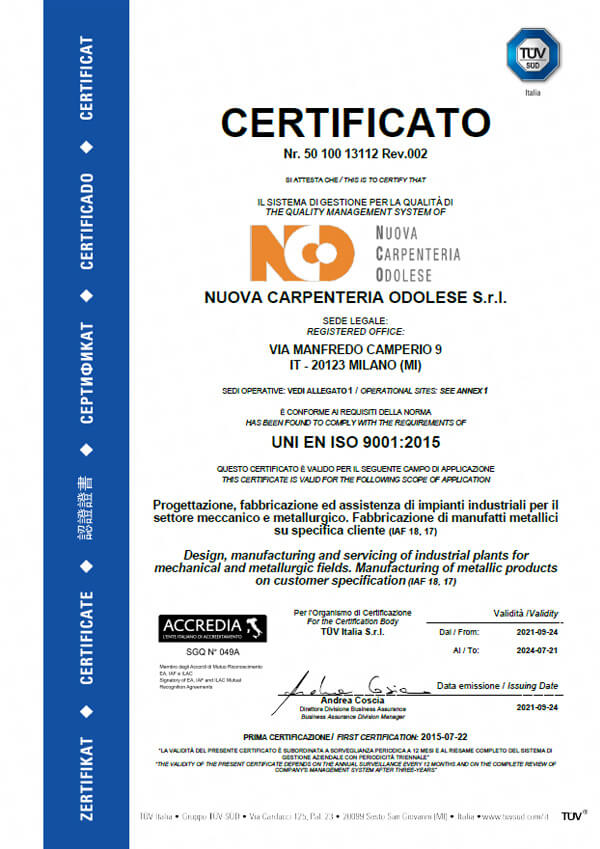 certificate UNI EN ISO 9001:2015